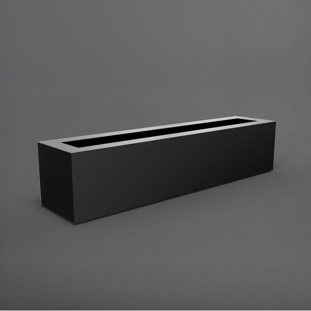 Salon Narrow Rectangle Fiberglass Planter in matte charcoal against gray background. 