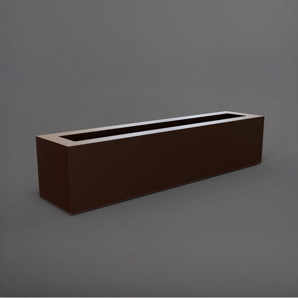 Salon Narrow Rectangle Fiberglass Planter in matte dark brown against gray background. 