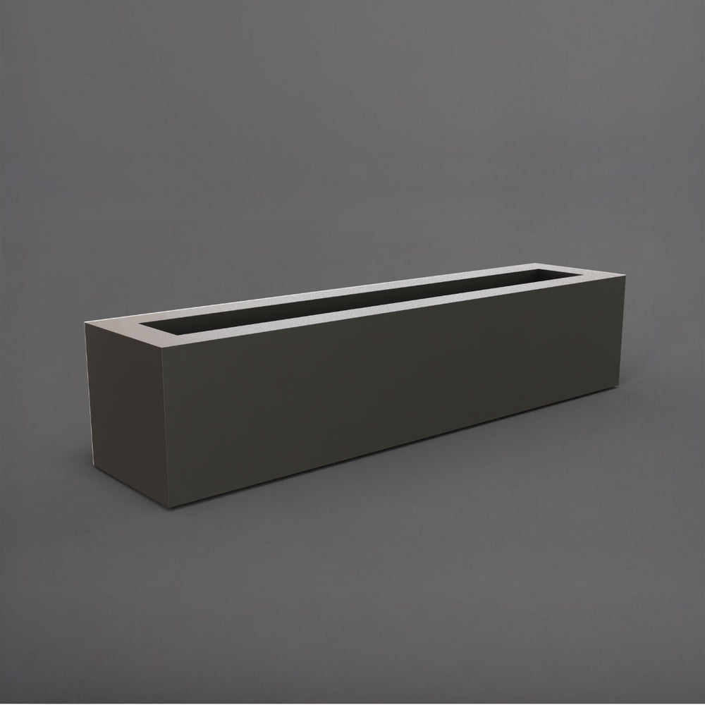 Salon Narrow Rectangle Fiberglass Planter in matte gunmetal against gray background. 