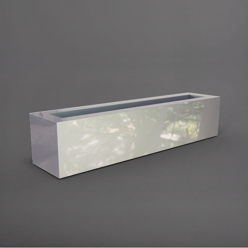 Salon Narrow Rectangle Fiberglass Planter in metallic silver against gray background. 
