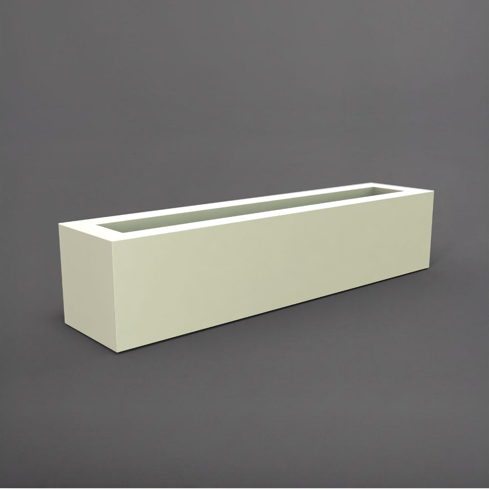 Salon Narrow Rectangle Fiberglass Planter in satin beige against gray background. 