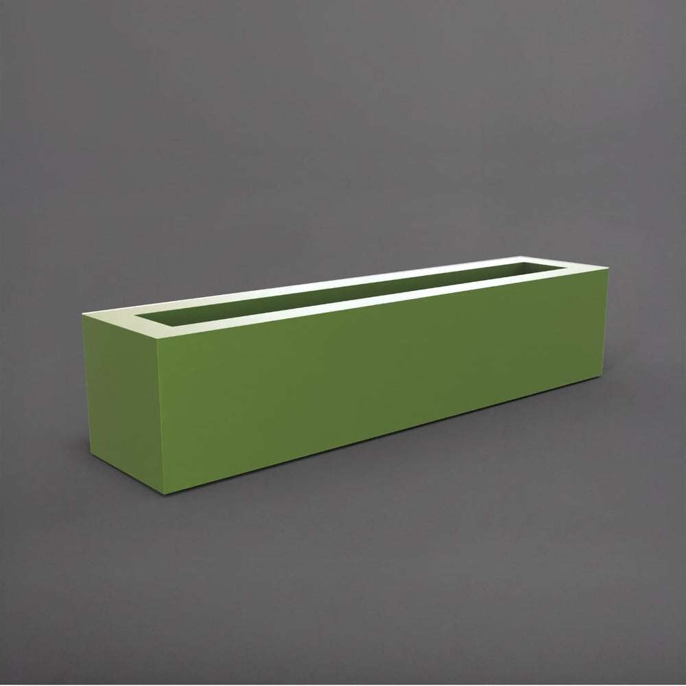 Salon Narrow Rectangle Fiberglass Planter in satin green against gray background. 