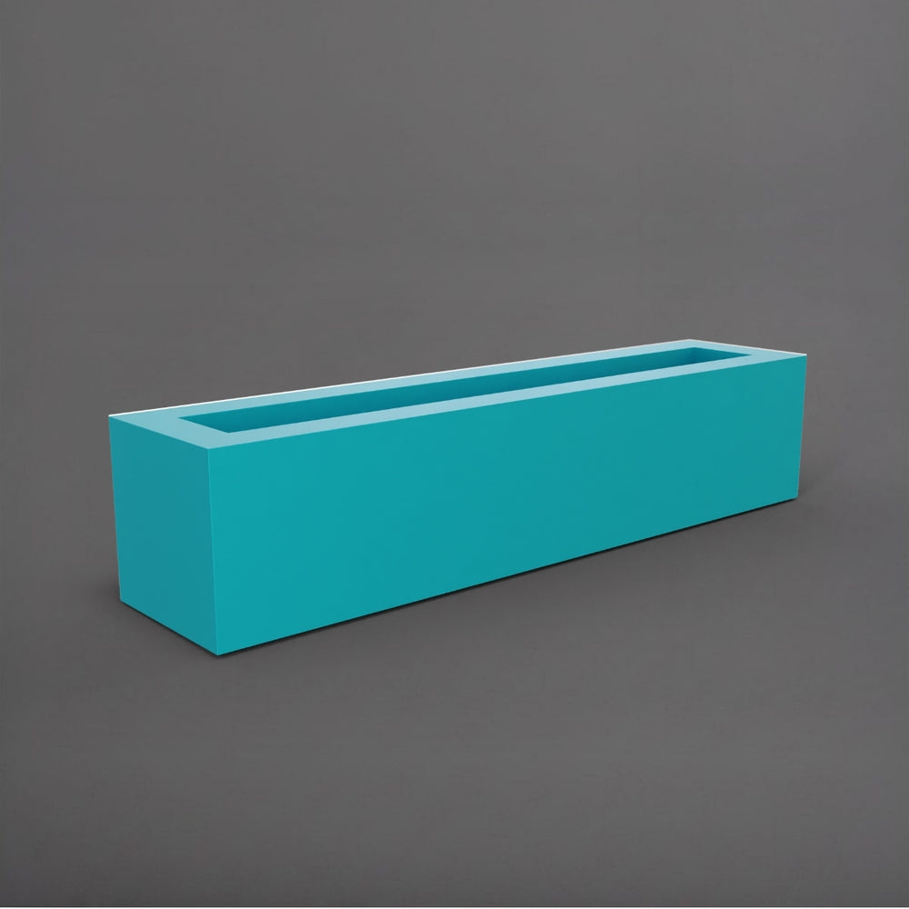 Salon Narrow Rectangle Fiberglass Planter in satin seafoam green against gray background. 