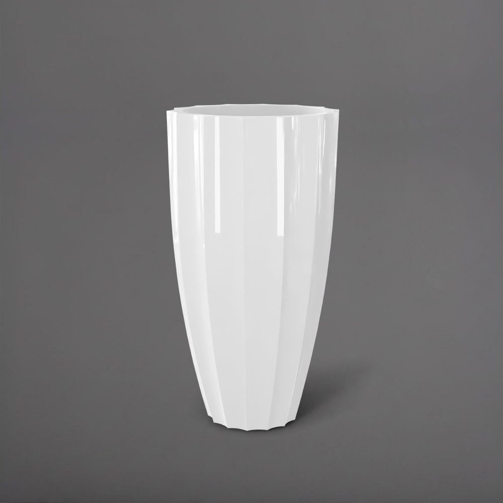 San Jose Tall Fluted Round Fiberglass Planter in gloss bright white against gray background.