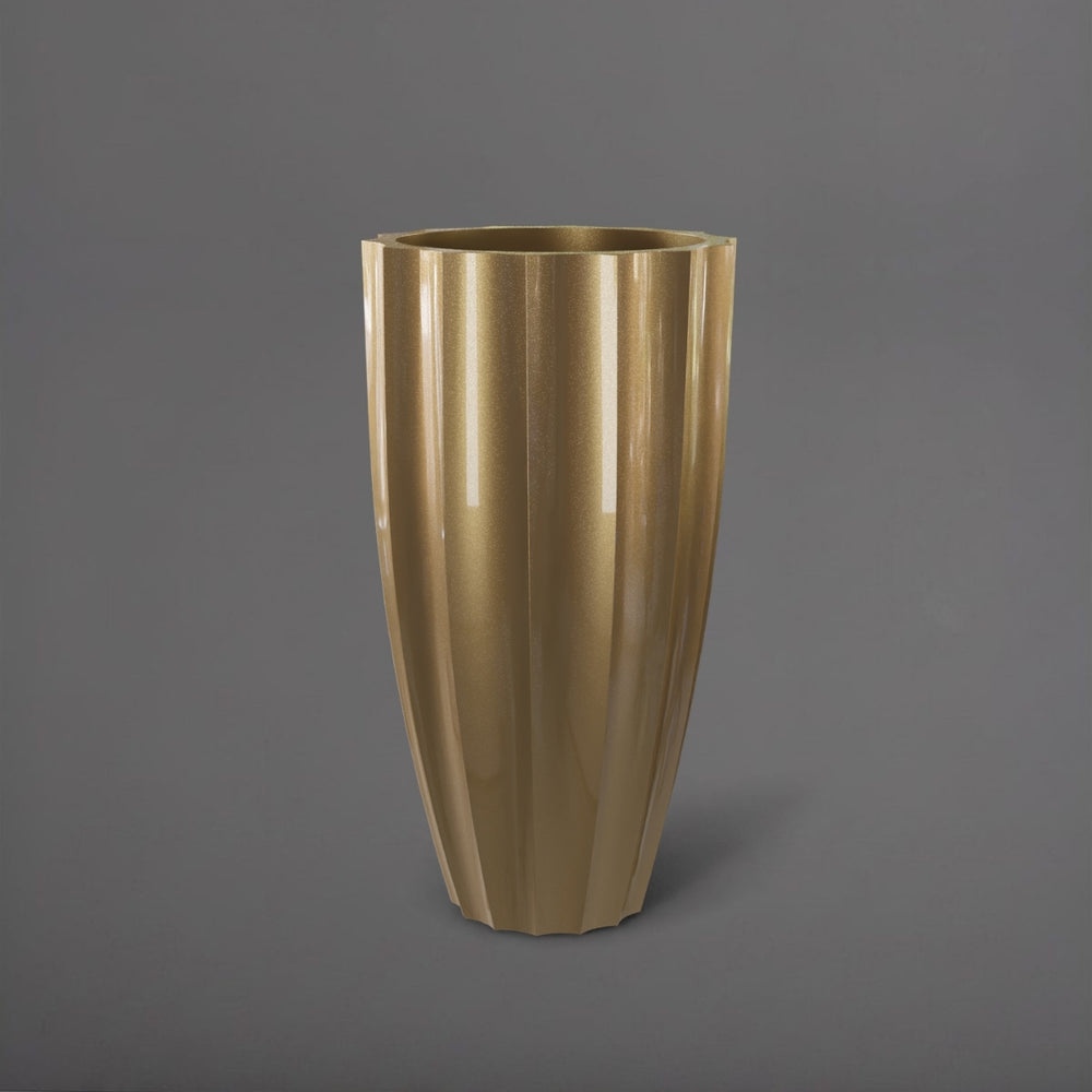 San Jose Tall Fluted Round Fiberglass Planter in gloss metallic gold against gray background.