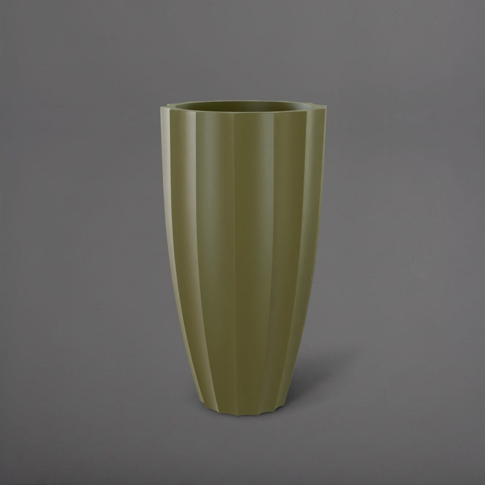 San Jose Tall Fluted Round Fiberglass Planter in matte bronze against gray background.