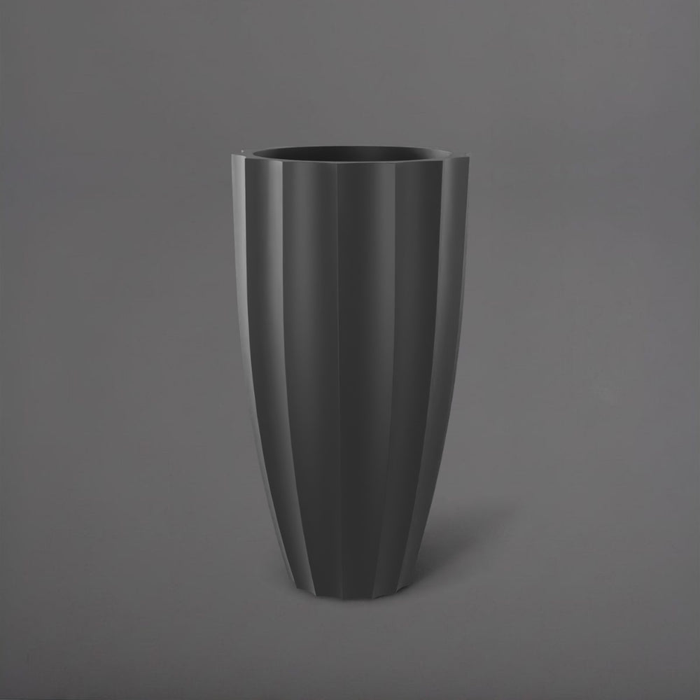 San Jose Tall Fluted Round Fiberglass Planter in matte charcoal against gray background.