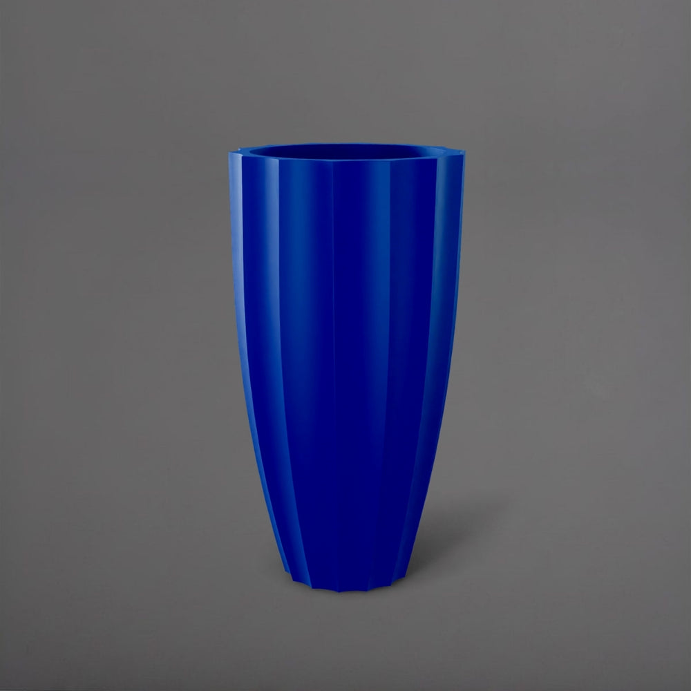 San Jose Tall Fluted Round Fiberglass Planter in matte cobalt blue against gray background.