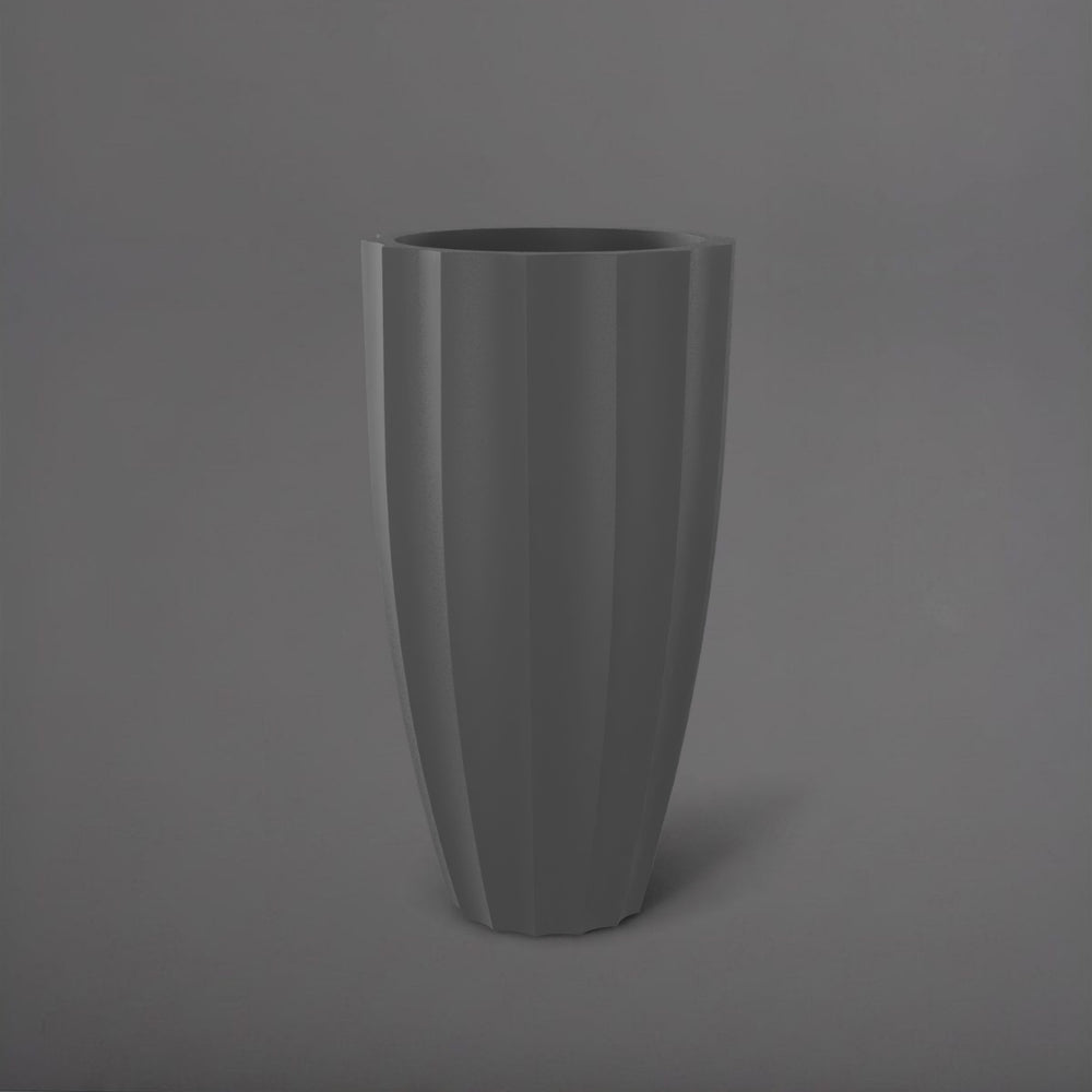 San Jose Tall Fluted Round Fiberglass Planter in matte gunmetal against gray background.
