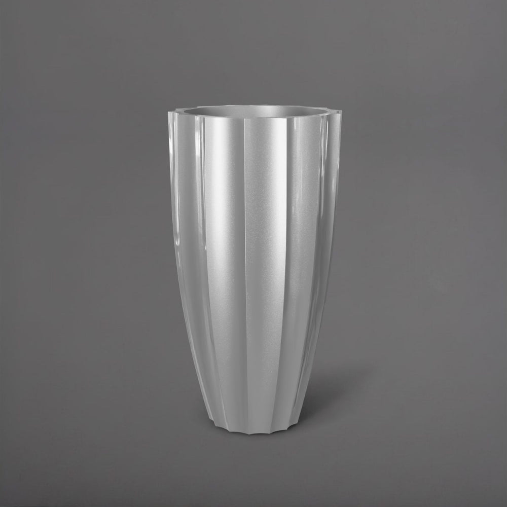 San Jose Tall Fluted Round Fiberglass Planter in metallic silver against gray background.