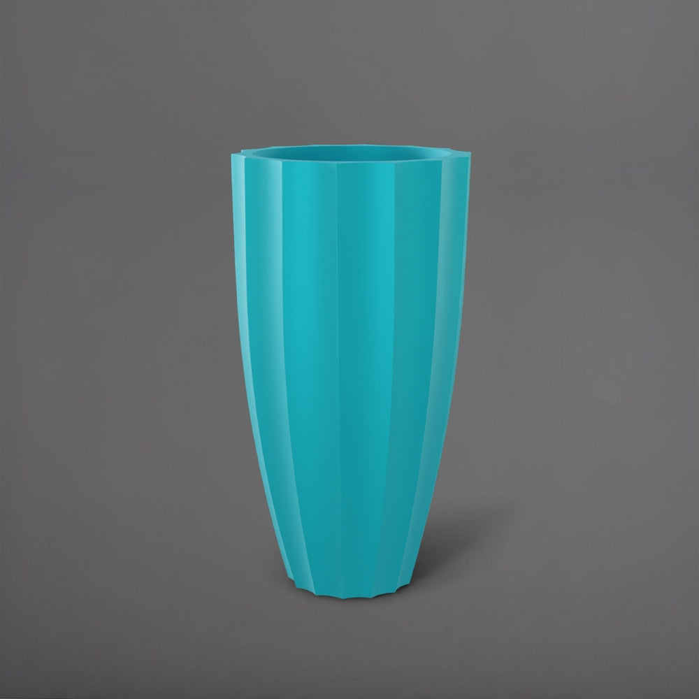 San Jose Tall Fluted Round Fiberglass Planter in satin seafoam green against gray background.