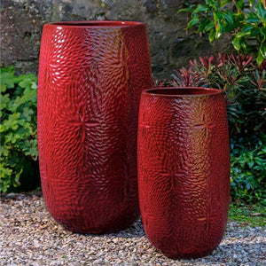 Sand Dollar, Tall Planter - Tropic Red - S/2 on gravel in the backyard