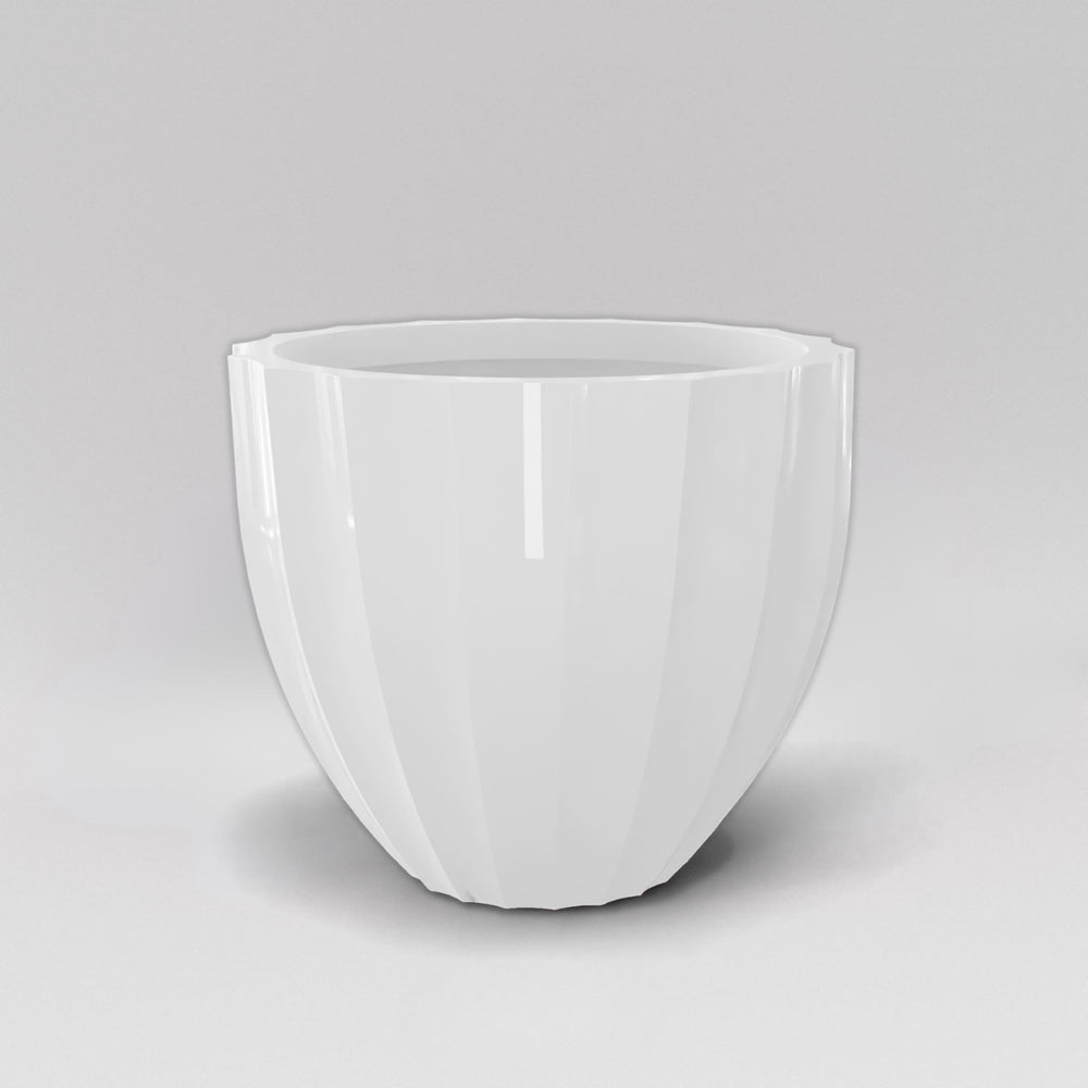 Santa Barbara Fluted Round Fiberglass Planter in gloss bright white against gray background.
