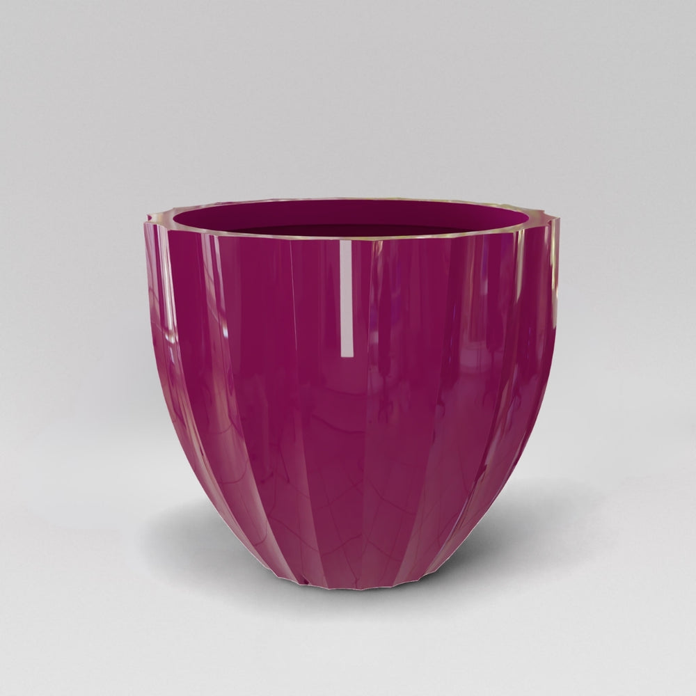 Santa Barbara Fluted Round Fiberglass Planter in gloss eggplant against gray background.