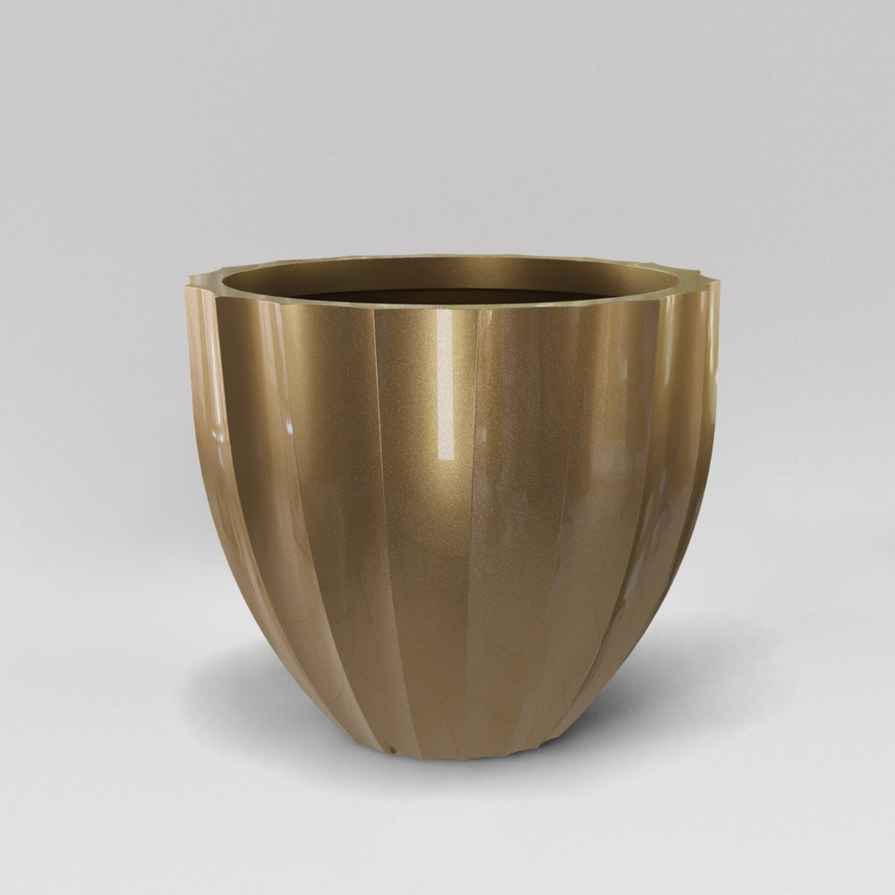 Santa Barbara Fluted Round Fiberglass Planter in gloss metallic gold against gray background.