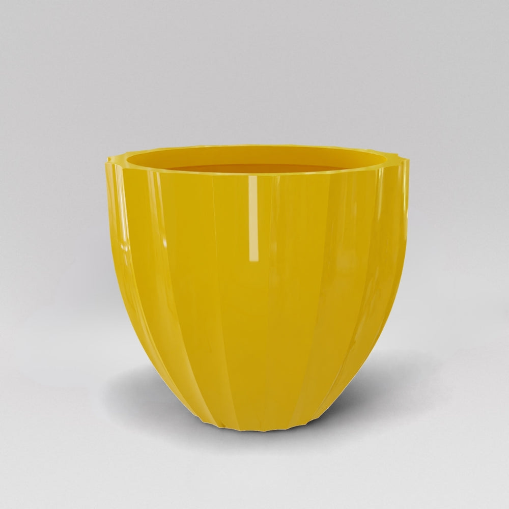 Santa Barbara Fluted Round Fiberglass Planter in gloss saffron against gray background.