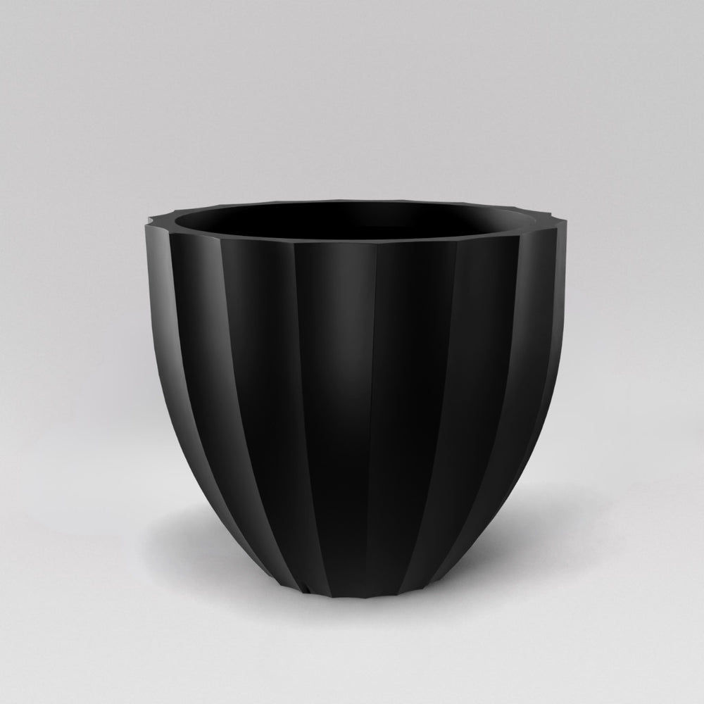 Santa Barbara Fluted Round Fiberglass Planter in matte black against gray background.