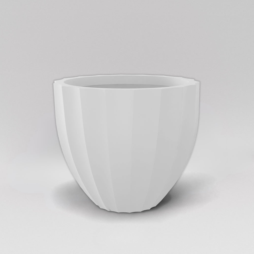 Santa Barbara Fluted Round Fiberglass Planter in matte bright white against gray background.