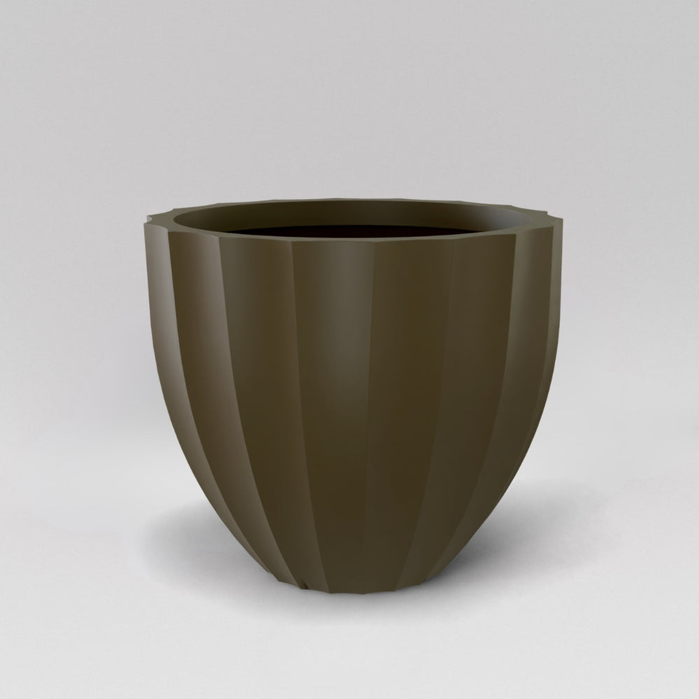 Santa Barbara Fluted Round Fiberglass Planter in matte bronze against gray background.