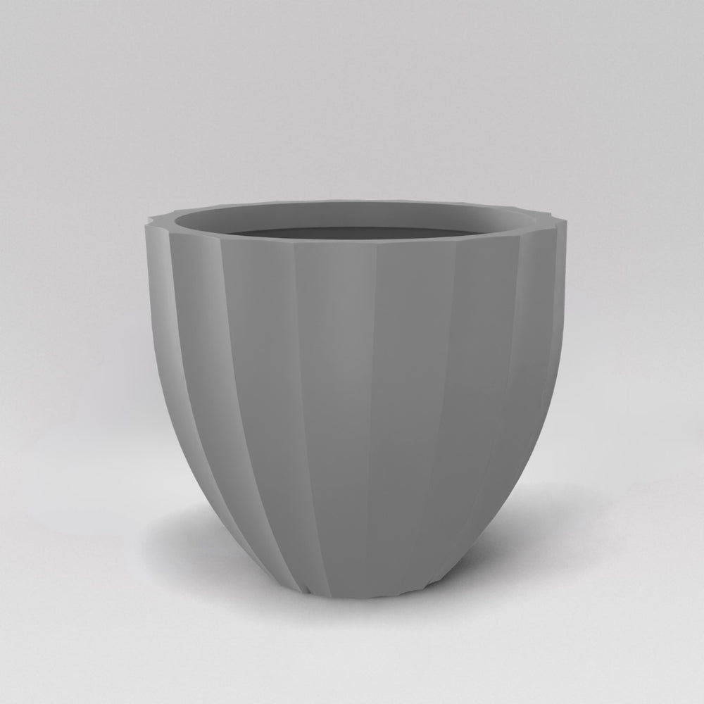 Santa Barbara Fluted Round Fiberglass Planter in matte cement grey against gray background.