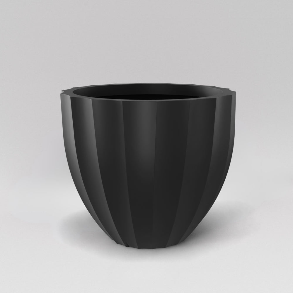 Santa Barbara Fluted Round Fiberglass Planter in matte charcoal against gray background.