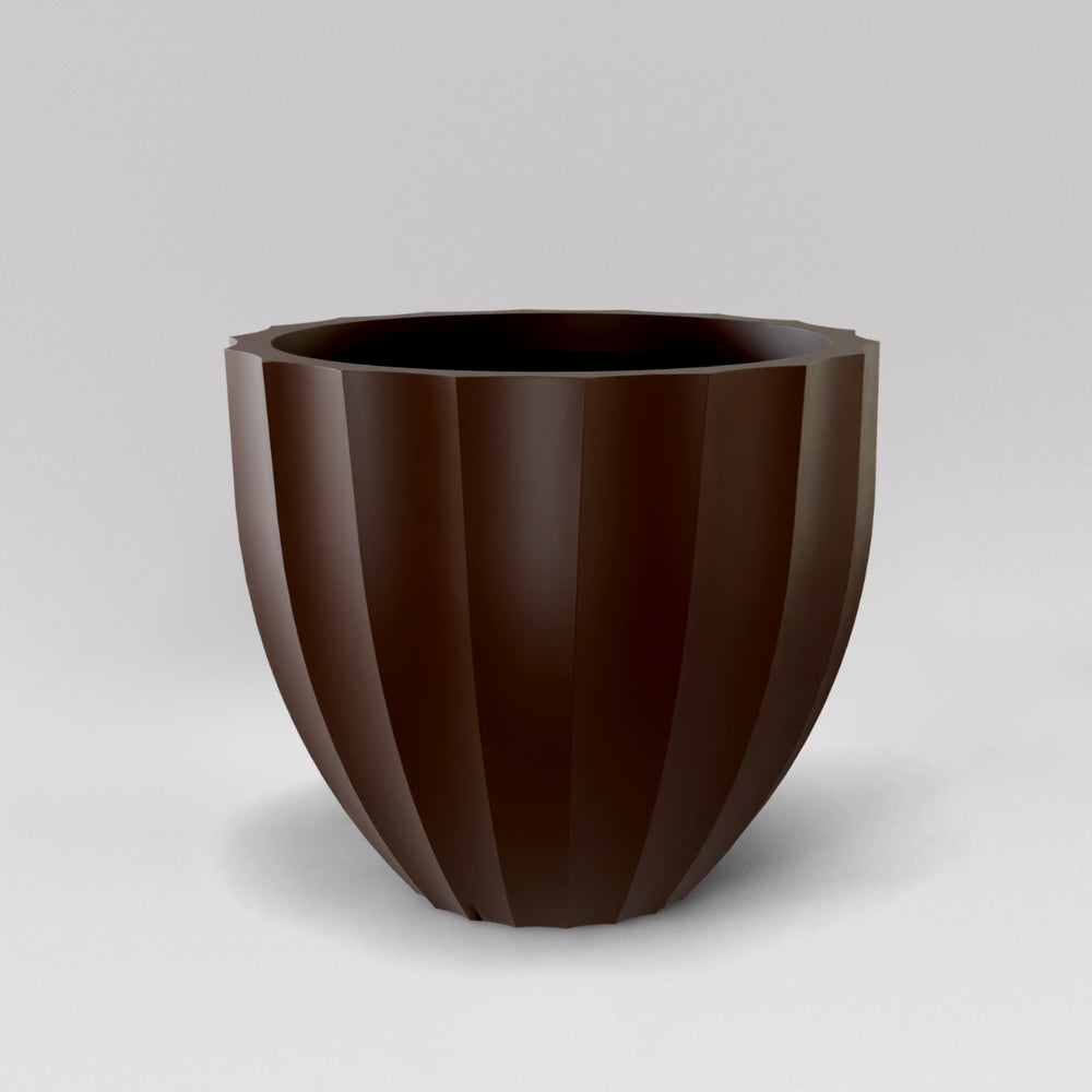 Santa Barbara Fluted Round Fiberglass Planter in matte dark brown against gray background.