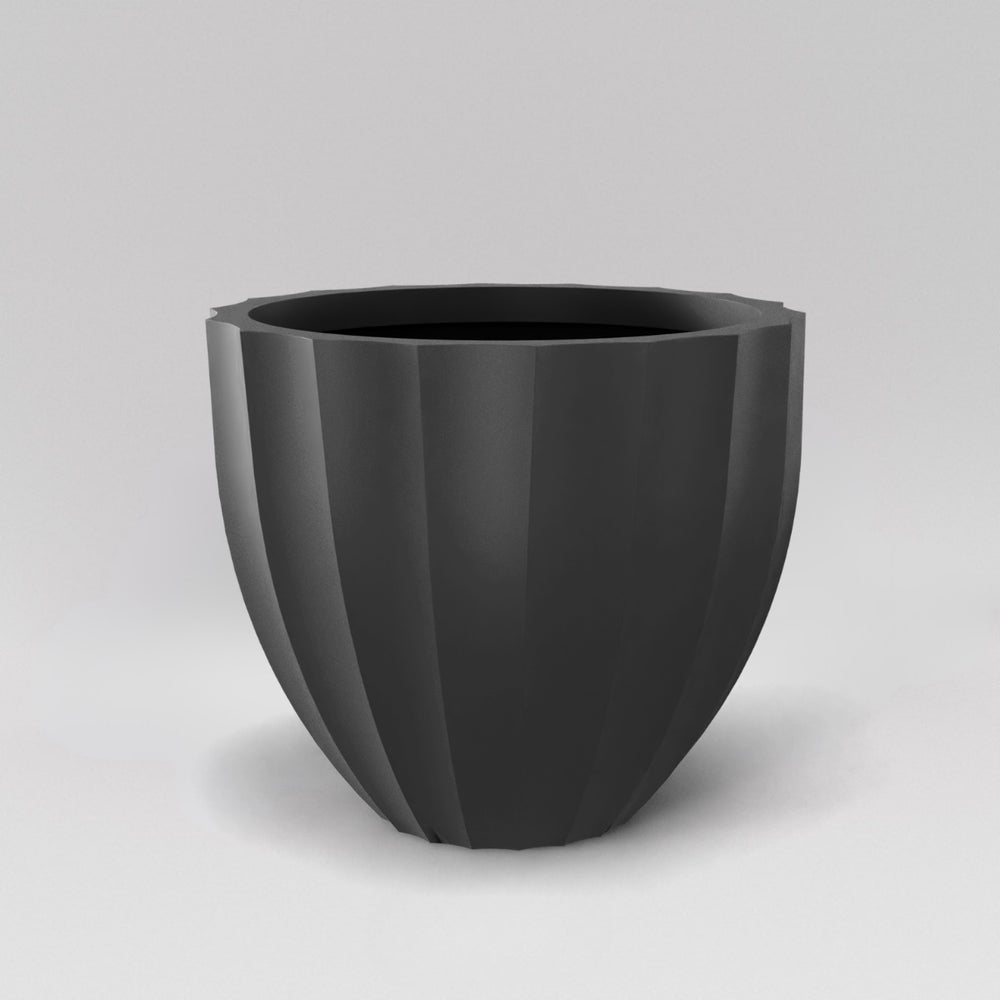 Santa Barbara Fluted Round Fiberglass Planter in matte gunmetal against gray background.