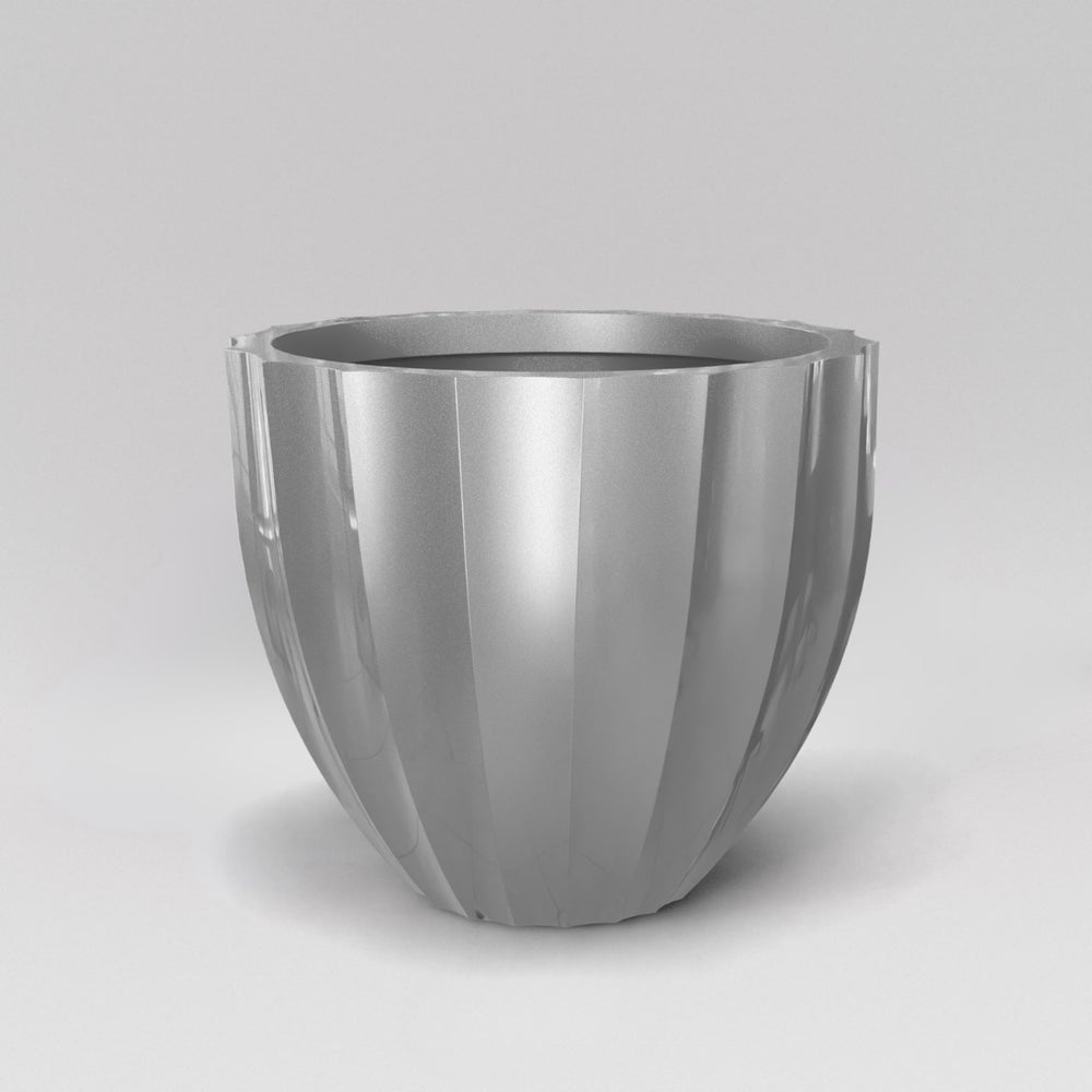 Santa Barbara Fluted Round Fiberglass Planter in metallic silver against gray background.