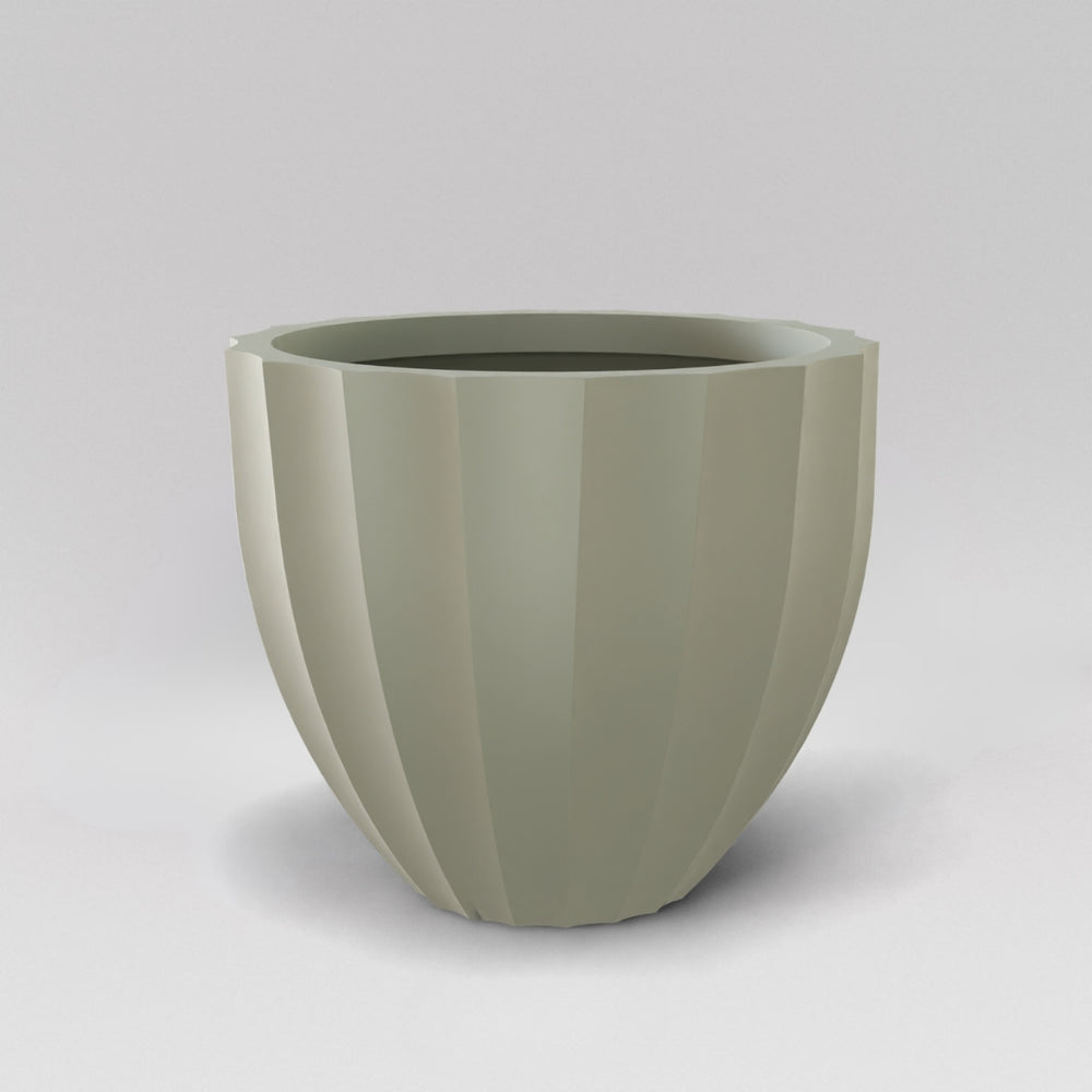 Santa Barbara Fluted Round Fiberglass Planter in satin beige against gray background.