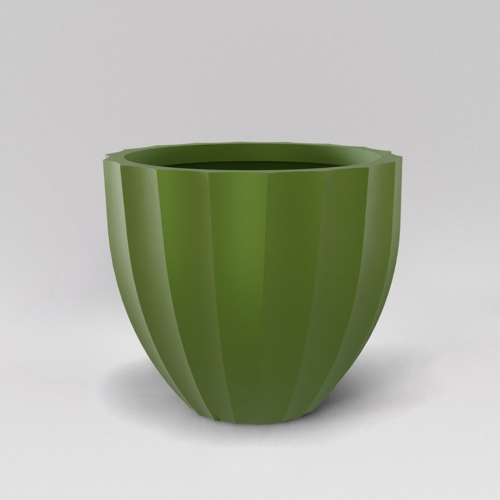 Santa Barbara Fluted Round Fiberglass Planter in satin green against gray background.
