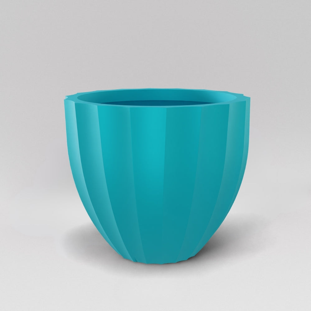 Santa Barbara Fluted Round Fiberglass Planter in satin seafoam green against gray background.