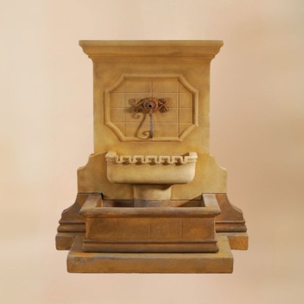 Savonna Wall Fountain with Step for Spout against brown background.