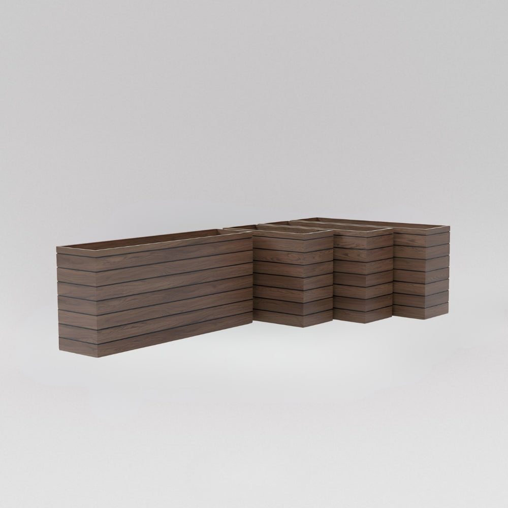 Sedona Tall Rectangle Wood Look Fiberglass Planter against gray background.