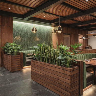 Sedona Tall Rectangle Wood Look Fiberglass Planter filed with plants indoor.