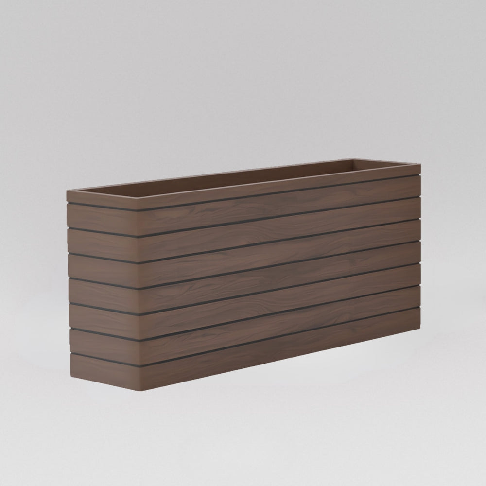 Sedona Tall Rectangle Wood Look Fiberglass Planter in 60 inch against gray background.
