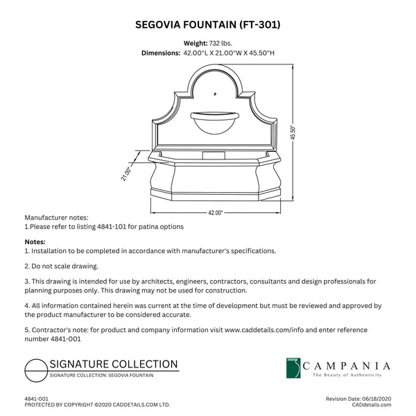 Complete overview of the Segovia Fountain with dimensions, weights, pump kit parts, tools, and general info.