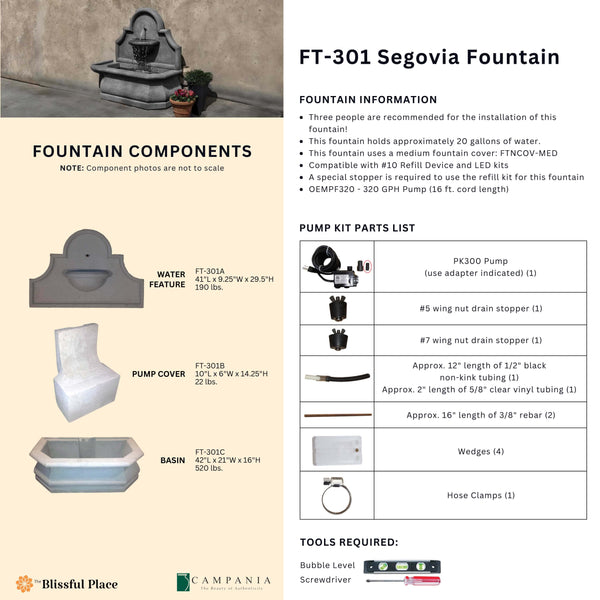 Complete overview of the Segovia Fountain with dimensions, weights, pump kit parts, tools, and general info