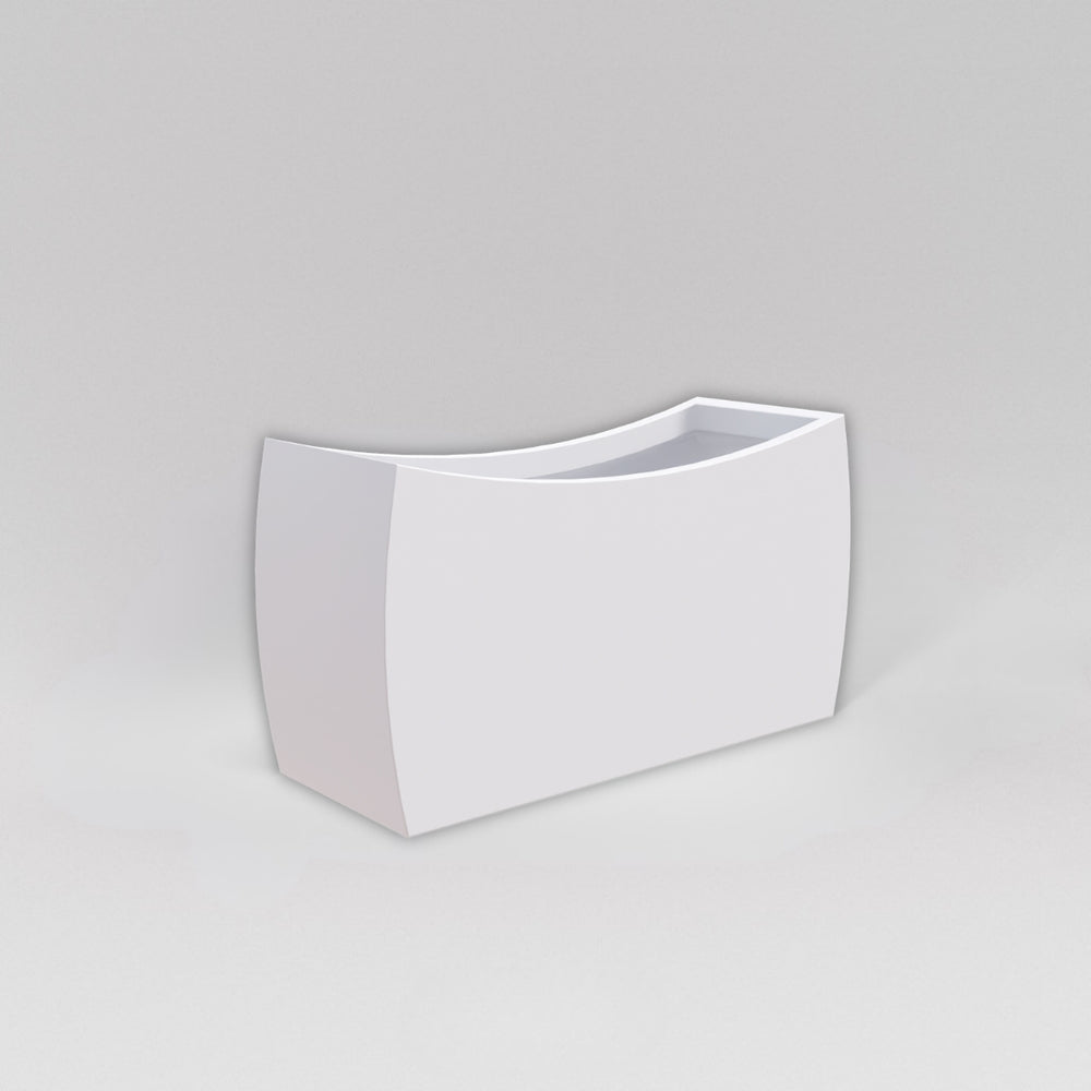 Seoul Modern Curved Rectangle Fiberglass Planter in matte bright white against gray background.
