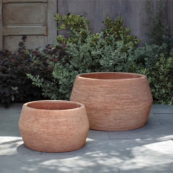 Sequoia Planter - Terra Cotta - S/2 on concrete against green plants