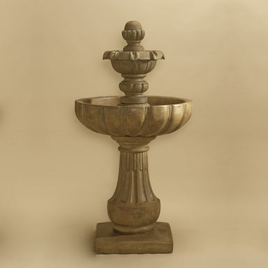 Serafina Two Tier Fountain against brown background.