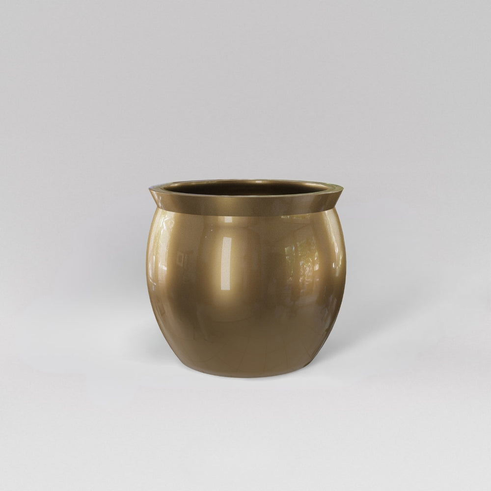 Shanghai Fishbowl Fiberglass Planter in gloss metallic gold against gray background.