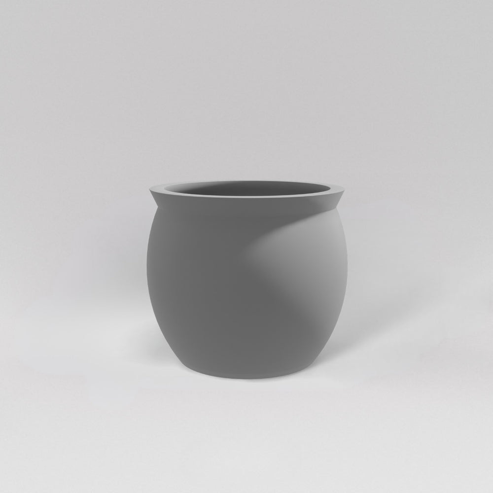 Shanghai Fishbowl Fiberglass Planter in matte cement grey against gray background.