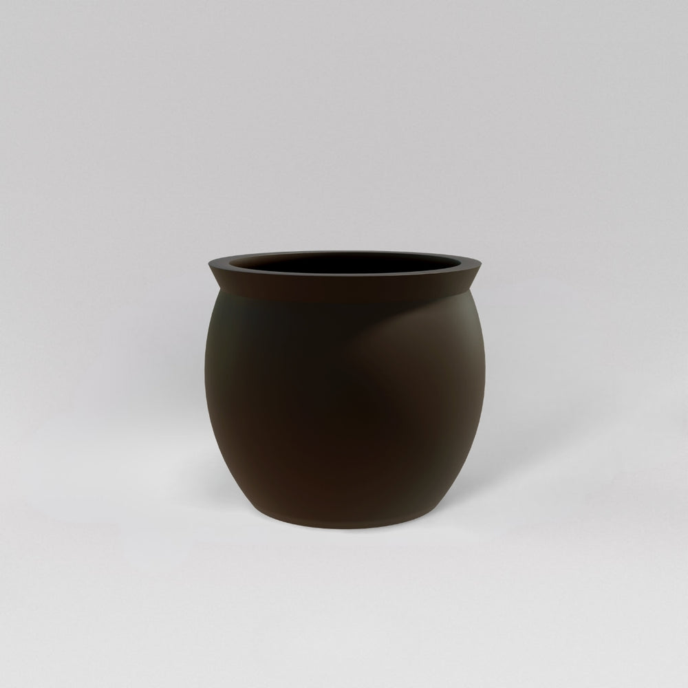 Shanghai Fishbowl Fiberglass Planter in matte dark brown against gray background.