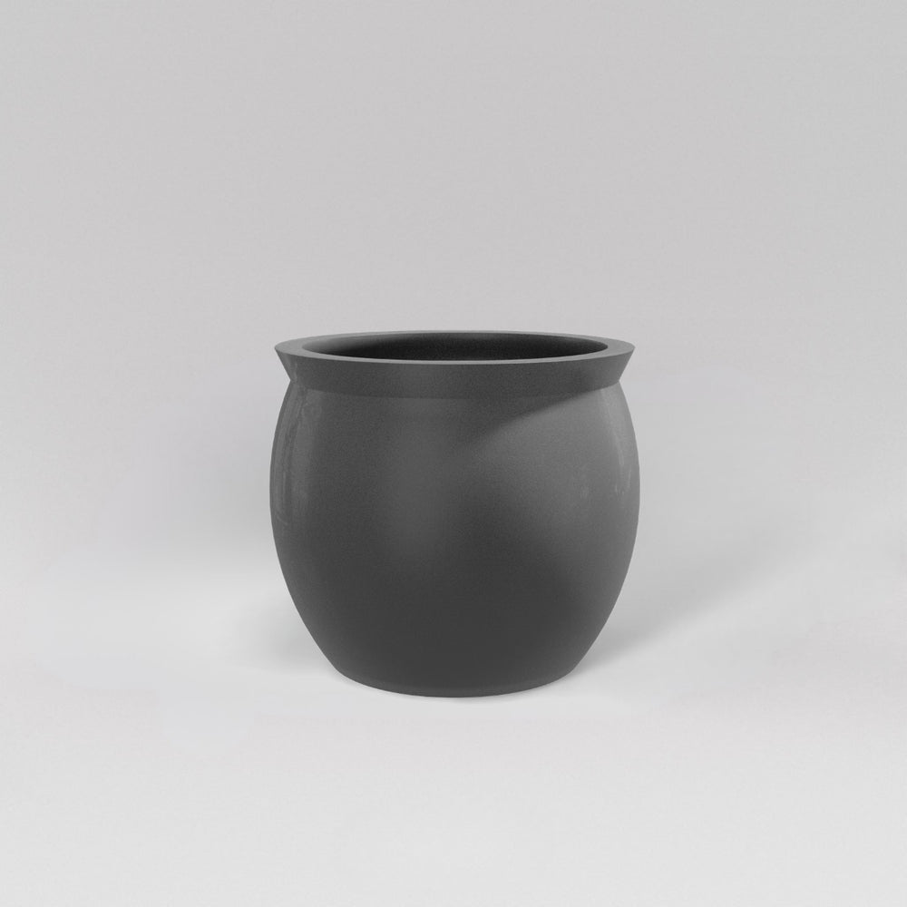 Shanghai Fishbowl Fiberglass Planter in matte gunmetal against gray background.