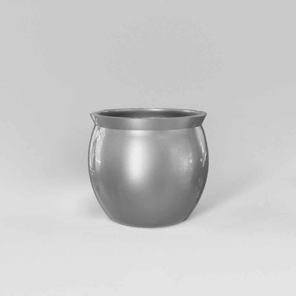 Shanghai Fishbowl Fiberglass Planter in metallic silver against gray background.