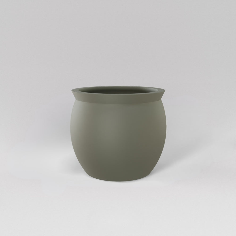 Shanghai Fishbowl Fiberglass Planter in satin beige against gray background.