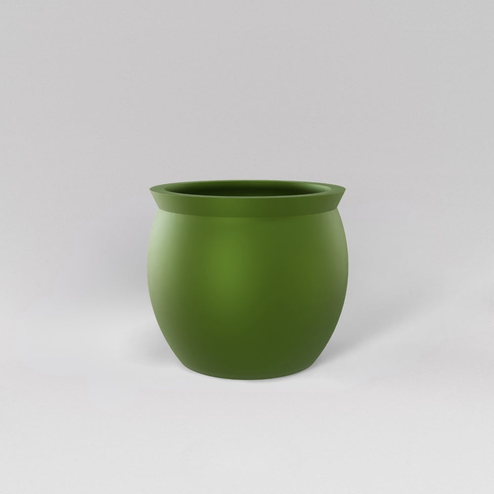 Shanghai Fishbowl Fiberglass Planter in satin green against gray background.