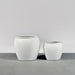 Shanghai Fishbowl Fiberglass Planter on concrete shown with different sizes.