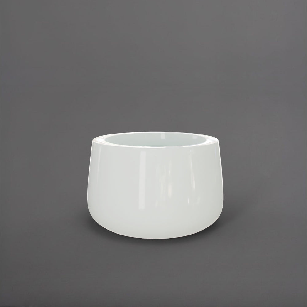 Short Hayden Tapered Round Fiberglass Planter in gloss bright white against gray background.