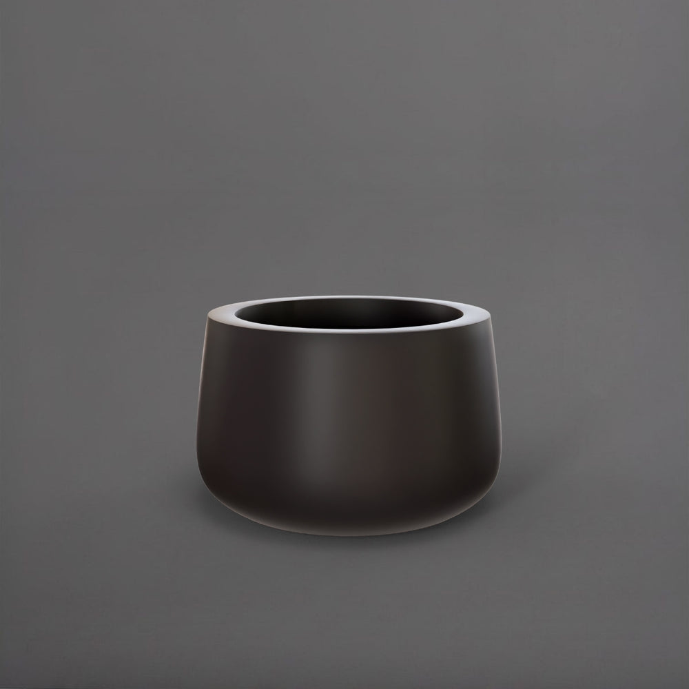 Short Hayden Tapered Round Fiberglass Planter in matte charcoal against gray background.